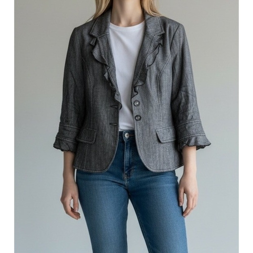 White House Black Market Grey Linen Blend Ruffle Blazer Jacket Womens‎ 14